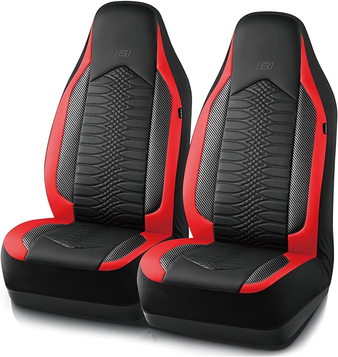 Skechers Memory Foam Car Seat Covers, Leather High Back Seat Covers Quilting Design,Waterproof Sports Car Seat Covers Front Seats,Airbag Compatible, Universal Fit for Most Cars, SUVs,Trucks,Red