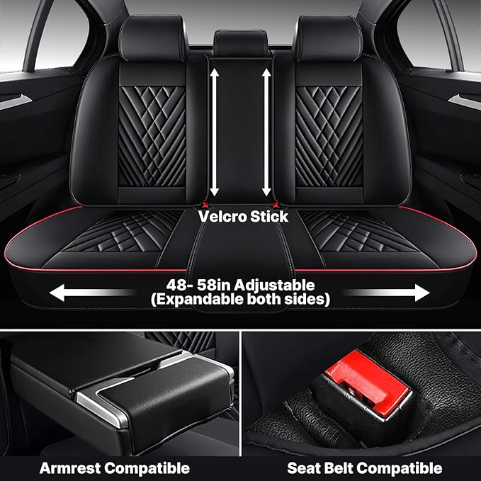 Universal Leather Auto Seat Cover - 5 Seat, Front and Rear, Black & Red
