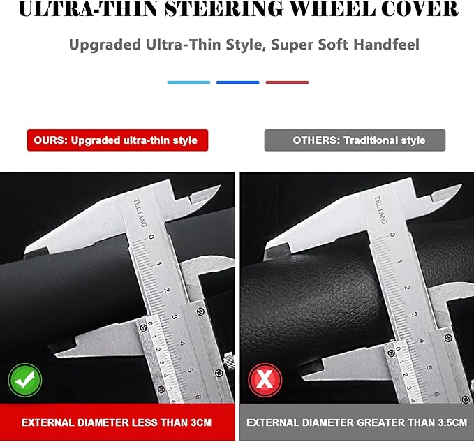 West Llama Thin Car Steering Wheel Cover, Universal 14.5-15 inch Nappa Leather Steering Wheel Cover, Ultra Thin, Anti-Slip, Breathable(Black+Gray-Standard Size)
