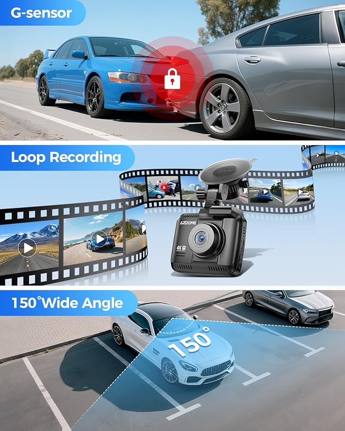 AZDOME GS63H 4K Dash Cam Built-in WiFi 6 GPS Car Dashboard Camera Recorder with STARVIS Night Vision, UHD 2160P, 150° Wide Angle, WDR, G-Sensor, Loop Recording, 24H Parking Mode