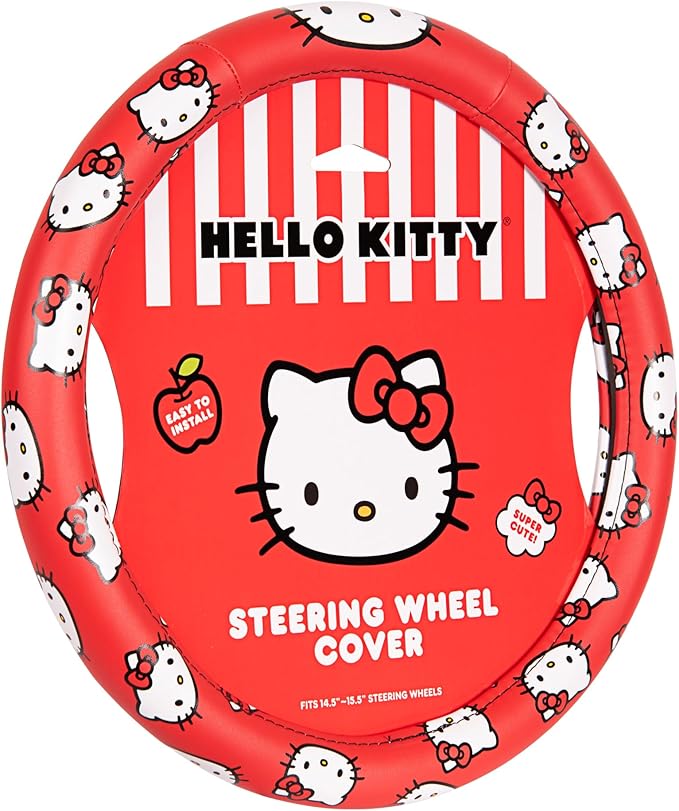 Sanrio Hello Kitty Red Steering Wheel Cover, Universal Fit Cute Car Accessories for Women Stylish SUV, Truck Decor Gifts - Fits Standard Wheels 14.5"-15" (Hello Kitty Red)