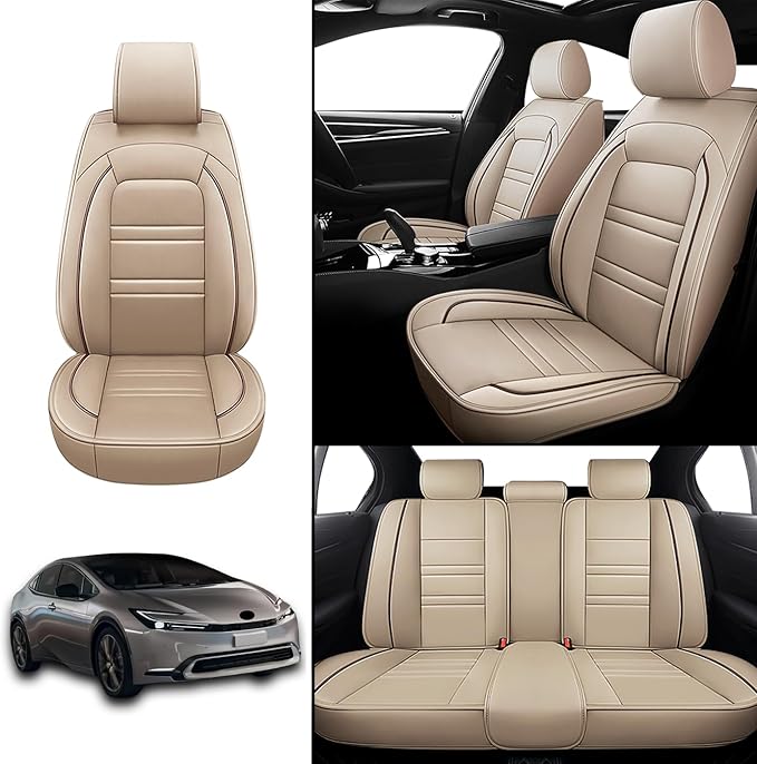 Seat Covers for Toyota Prius 2001-2025 | 5-Seats Leather Seat Covers, Easy to Install Automotive Seat Covers Full Set (Full Set, Beige)