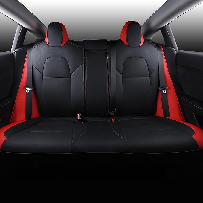 Suitable for Tesla Model 3 Seat Covers, Waterproof Faux Leather Car Seat Covers Full Set forTesla Model 3 2023 2022 2021 2020 2019 2018 2017 (Black+ Red)