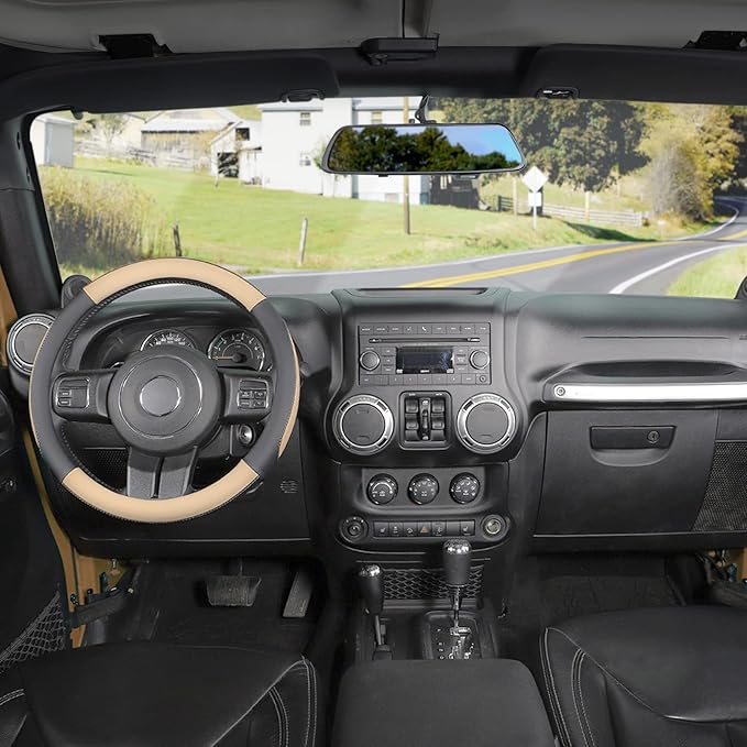 SEG Direct Car Steering Wheel Cover Large-Size for F150 F250 F350 Ram 4Runner Tacoma Tundra Range Rover with 15 1/2 inches-16 inches Outer Diameter, Black and Beige Microfiber Leather