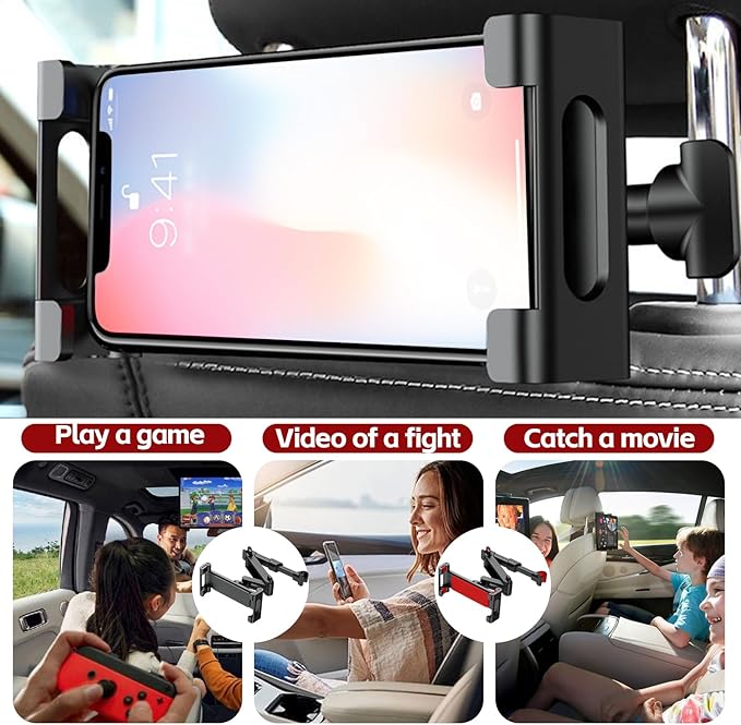 2 Pack Car Headrest Tablet Holder, Foldable Backseat Mount for iPad & Phones, 360° Rotating Adjustable Car Tablet Stand for 6.3-18.4" Devices, Black & Red