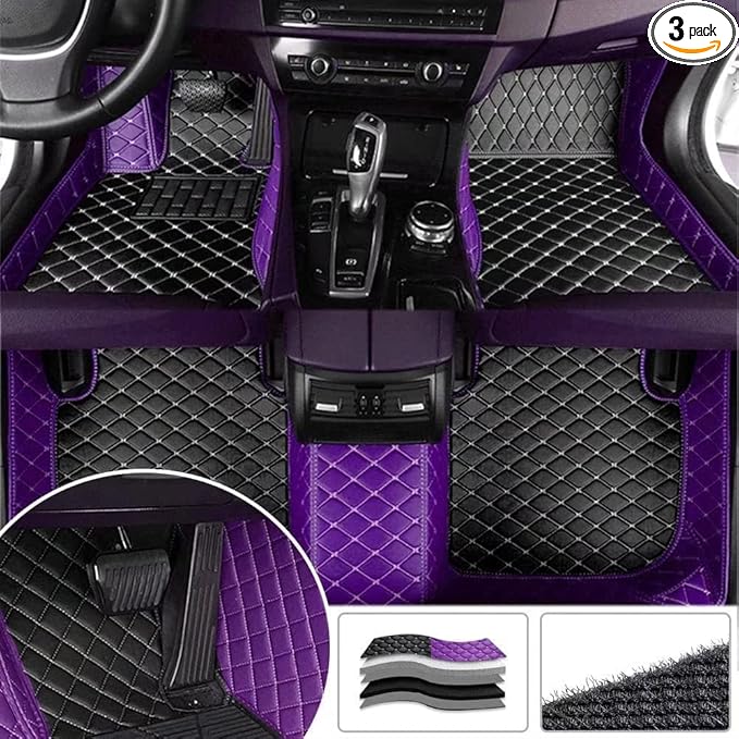 YaruicarCustom Car Floor Mats for 99.99% Sedan SUV Sports Car Men Women Protection Full Coverage Pads Anti-Slip Leather Floor Lining All Weather Car Floor Mats (Purple Black)