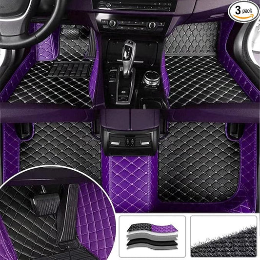 YaruicarCustom Car Floor Mats for 99.99% Sedan SUV Sports Car Men Women Protection Full Coverage Pads Anti-Slip Leather Floor Lining All Weather Car Floor Mats (Purple Black)