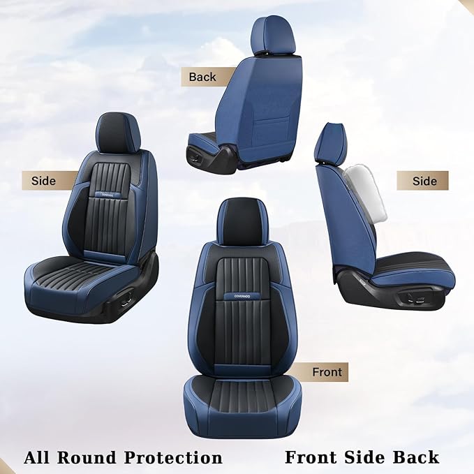 Coverado Car Seat Covers Full Set, Nappa Leather Seat Covers for Cars, Car Seat Cushion Car Seat Protector, Front and Back Seat Protectors Cushions Universal Fit for Most Cars Vehicles(Blue&Black)