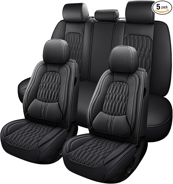 WELLDO Car Seat Covers Full Set, Premium Nappa Leather Seat Covers for Car, Waterproof Car Seat Protector with Lumbar Support, Automotive Seat Covers Universal Fit for Most Cars SUV Truck(Black-w02)