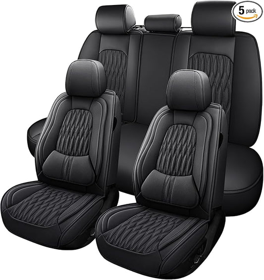 WELLDO Car Seat Covers Full Set, Premium Nappa Leather Seat Covers for Car, Waterproof Car Seat Protector with Lumbar Support, Automotive Seat Covers Universal Fit for Most Cars SUV Truck(Black-w02)