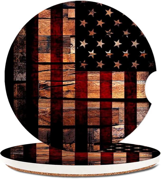 Old Wood USA Flag Absorbent Cup Holders Car Coasters,Ceramic Stone Drinks Coaster Set for Women Man 2.56"(2 Pack)