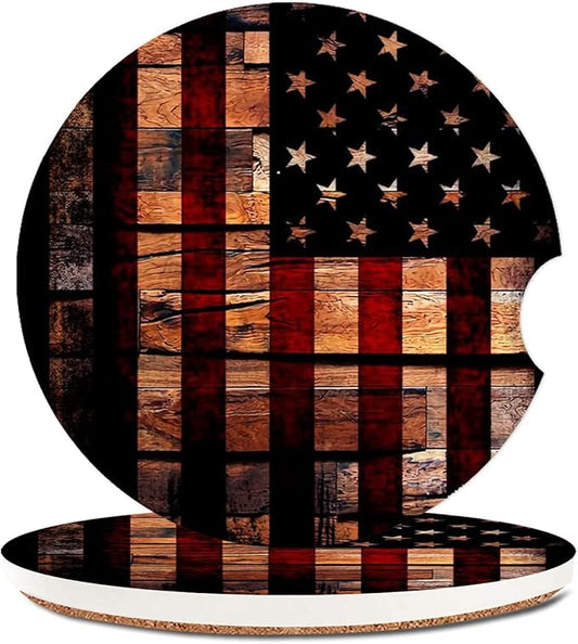 Old Wood USA Flag Absorbent Cup Holders Car Coasters,Ceramic Stone Drinks Coaster Set for Women Man 2.56"(2 Pack)