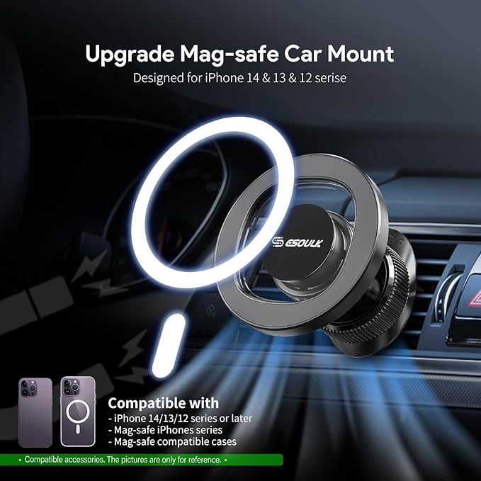 Esoulk Magnetic Car Phone Mount – Compact Air Vent Clip Holder with Strong Magnet, 360° Rotation, One-Touch Snap, Hands-Free Use – Universal for iPhone 17 16 15 14 13 Pro Max, Samsung, Google Pixel