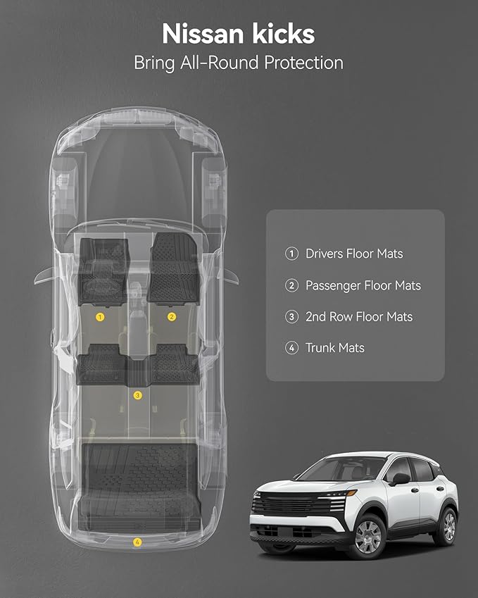 3W Floor Mats & Cargo Liner Fit for Nissan Kicks 2025 2026 (Not Fit Play Version) Accessories TPE All Weather Floor Liner, 1st & 2nd Row Car Mats Tunk Mats Full (Not for Play Version)