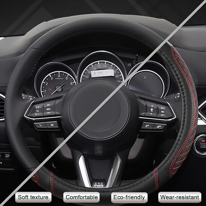 West Llama Microfiber Leather Car Steering Wheel Cover Universal Fit 15-15.5 inch SUV,Sedan,Car,Trucks(Black+Red Line-M-Large Size)