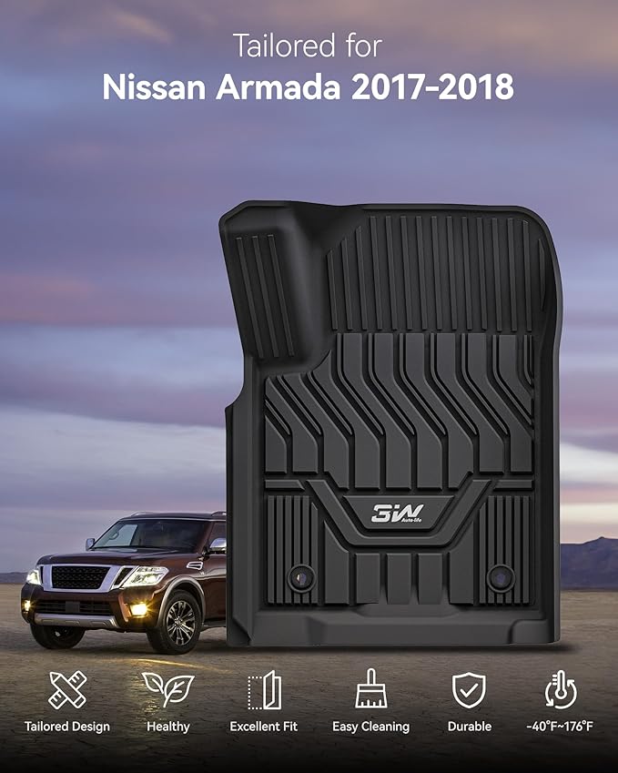 3W Floor Mats Fit for Nissan Armada 2017 2018 / Infiniti QX80 2014-2018 / Infiniti QX56 2011-2013, All Weather TPE Custom Fit Car Accessories 1st and 2nd Row Full Set Car Mats, Black