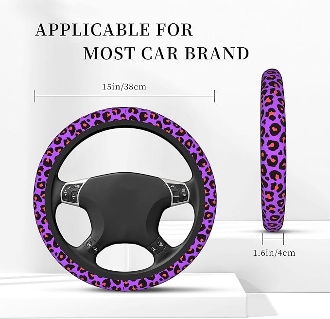 Purple Leopard Print Steering Wheel Cover, Elastic Non-Slip Steering Wheel Protector,Auto Interior Decor for Women Girls,Universal 15" Fit for Sedans,Trucks