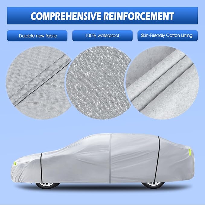 6 Layers Car Cover Waterproof All Weather for Automobiles, Size A3 with Zipper Cotton Fit for Toyota Camry, Honda Accord, Ford Mustang, Chevy Camaro/Malibu,Kia Optima(187-198 inch), Silver