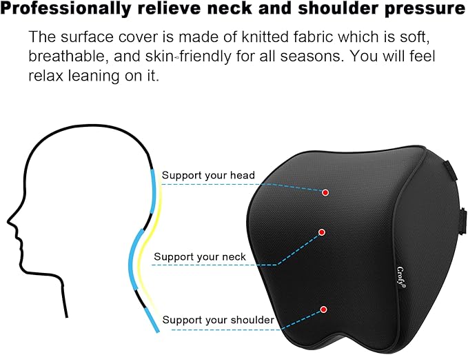Crofy 2-Pack Car Neck Pillow, Softness Car Headrest Pillow for Driving with Adjustable Strap, 100% Memory Foam and Breathable Removable Cover, Comfortable Ergonomic Design, 4.7 Inches Thick