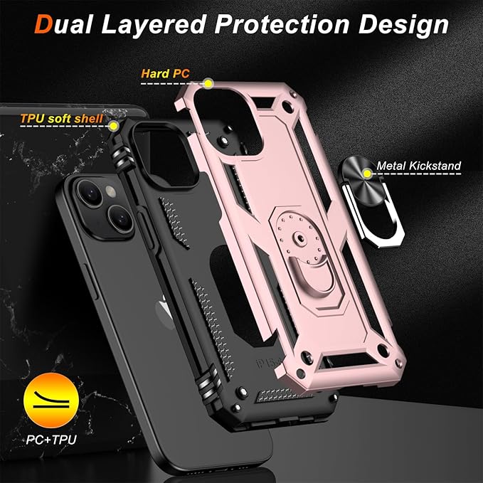 IKAZZ for iPhone 13 Case 6.1 Inch with Screen Protector,Military Grade Shockproof Heavy Duty Protective Phone Cover Pass 16ft Drop Test with Magnetic Kickstand Car Mount Holder,Rose Gold