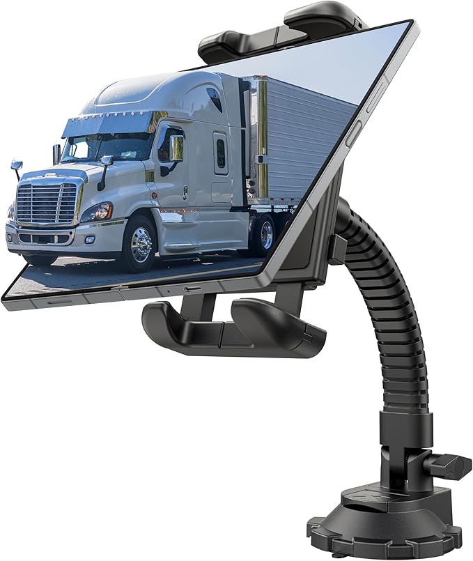 Bracketron TekGrip Tablet Holder for Truck Windshield & Dashboard - 360° Adjustable Tablet Car Mount with Gooseneck - Compatible with iPads, Tablets, GPS up to 13” Black