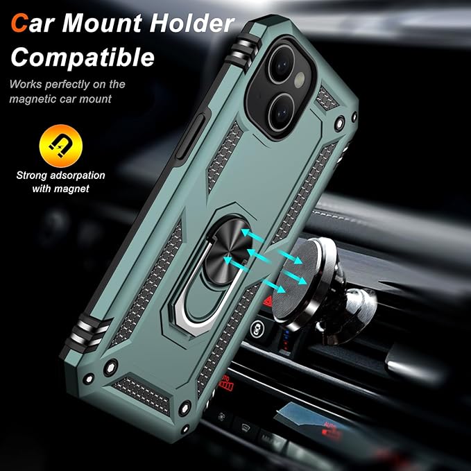 IKAZZ for iPhone 14 Plus Case 6.7 Inch with Screen Protector,Military Grade Shockproof Heavy Duty Protective Phone Cover Pass 16ft Drop Test with Magnetic Kickstand Car Mount Holder,Pine Green