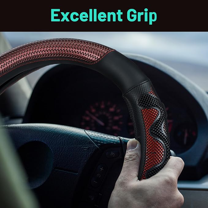 17.5-18 Inch Truck Steering Wheel Cover Leather Wheel Semi-Truck Comfy Grip Cover with 3D Honeycomb Anti-Slip Design Car Accessory, Fits RV, Big Rig and Classic Car(Red)