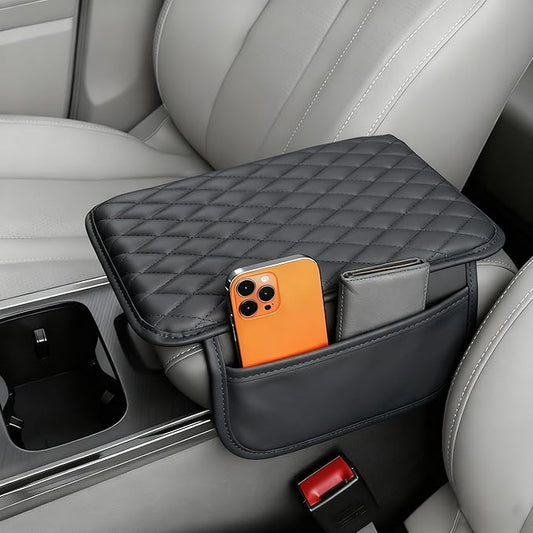 Upgraded Car Center Console Cover, Leather Armrest Cushion Pad with 2 Storage Bags, Microfiber Soft Waterproof Seat Box Cover Protector, Cars Interior Decor Accessories Fit for Most Vehicles