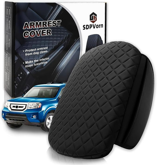 Armrest Cover for Honda Pilot Center Console Pad with Organizer Storage Pockets, Black Faux Leather Arm Rest Lid Protector Cushion Interior Accessories (2009-2015)