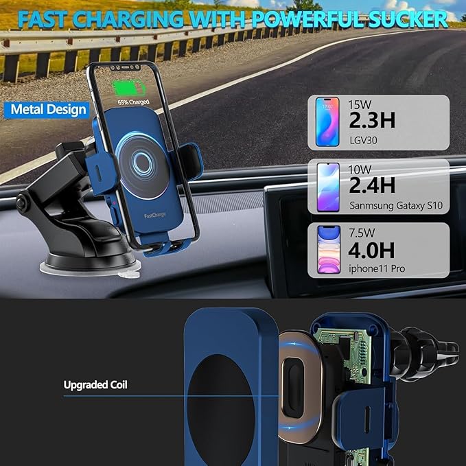 Wireless Car Charger, Fast Charging 15W Auto Clamping Car Charger Phone Holder Phone Mount for iPhone17 16 15 14 13 12 11 Pro Max Xs, Samsung Galaxy S23 Ultra S22 S21 S20 S10+ Note 9, etc(Blue)