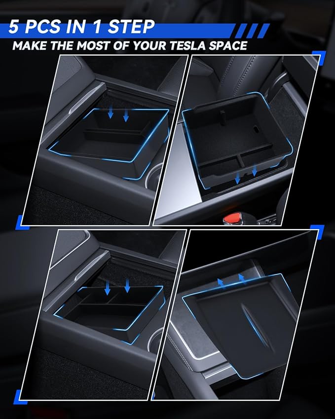 5-Pcks for Model Y Console Armrest Tray+ Cup Holder+ Wireless Charging Mat+ Organizer*2 2025 Model Y& 2024 Model 3 Accessories Armrest Tray Middle Storage Box Insert Container