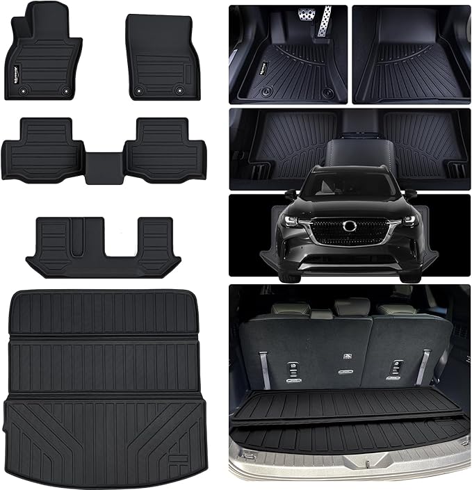 Floor Mats & Trunk mat for 2024 2025 Mazda CX-90 PHEV 8 Seats-2 Row Bench Seat(Not Fit 6&7 Seats) TPE All Weather Protection 3 Rows Car Floor Liners & Cargo Liners for CX90 Accessories