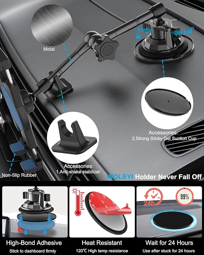 woleyi Heavy Duty Truck Tablet Mount [Metal Arm] Dashboard Windshield Suction Cup Tablet Holder for Trucks/Vehicles, Compatible with iPad Pro Air Mini, Galaxy Tab, Z Fold, Cell Phones, 4.7-13" Devices
