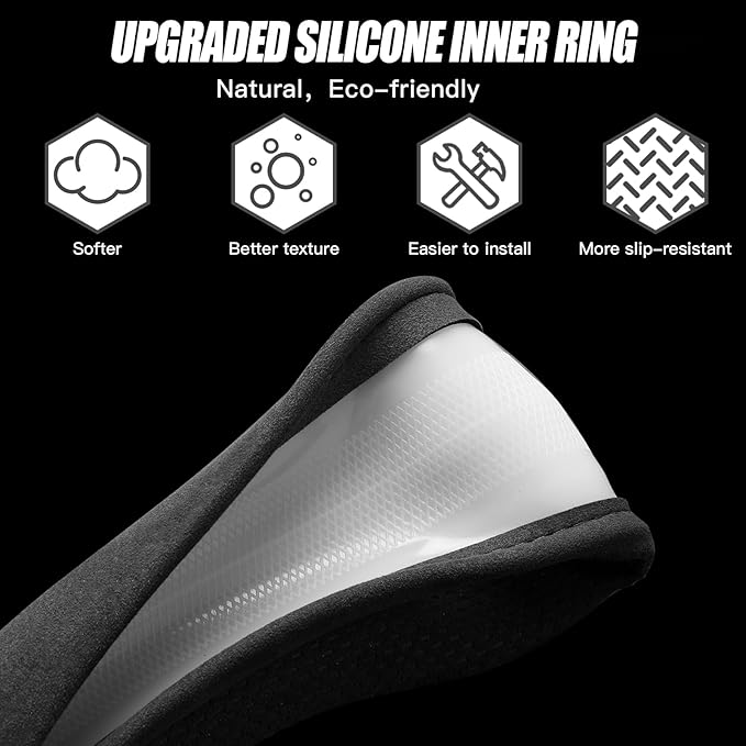 Suede Steering Wheel Cover with Upgraded Silicone Inner Ring, Breathable, Anti-Slip, Leather Universal 14.5 to 15 Inch Steering Wheel Cover (Black with Embossing Pattern)