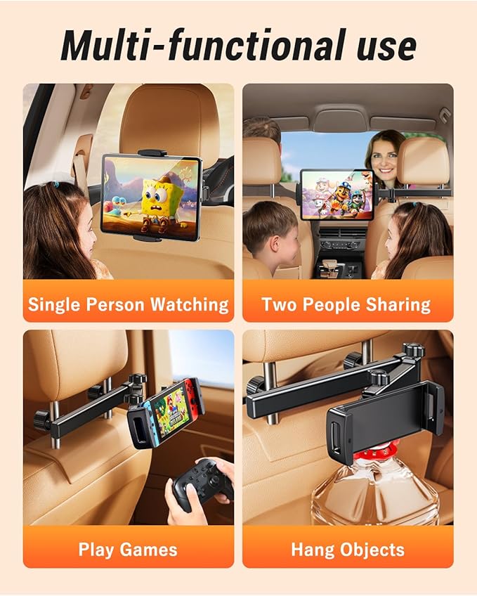 Extension Arm Tablet Holder for Car Headrest Adjustable iPad Holder for Car Backseat Rear Facing for Kids Baby, Car Mount Fit 4.7"-13" Cell Phone iPad mini Air Pro 12.9 Switch Fire Tablet