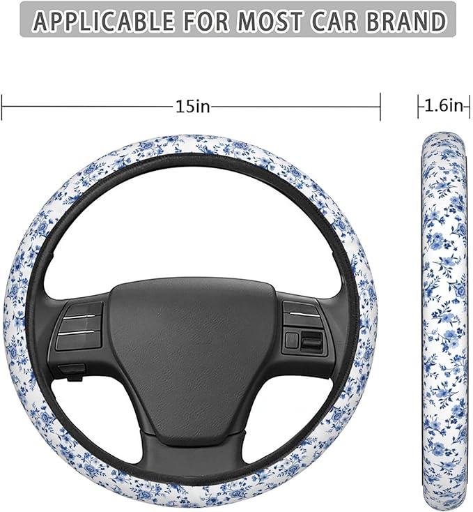 Dujiea Floral Pattern Elastic Stretch Steering Wheel Cover, Anti-Slip and Durable Car Steering Wheel Accessories for Women Men, 15 Inch Universal Fit Car, Truck, SUV