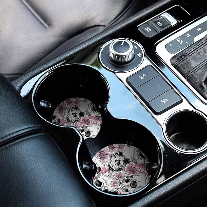 Skull and Flowers Car Cup Holder Coaster 2 Pack Absorbent Ceramic Car Coasters for Cup Holders Car Accessories Interior for Women Men Universal Anti Slip Cork Base Cup Coasters with Finger Notch