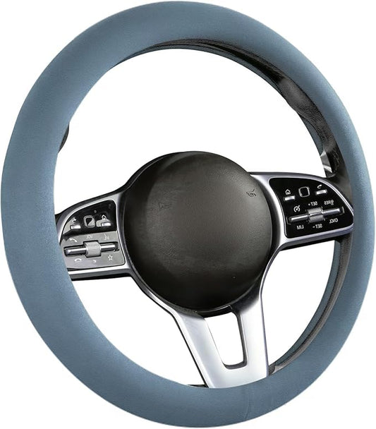 Suede Steering Wheel Cover with Upgraded Silicone Inner Ring, Anti Heat, Breathable, Anti-Slip, Leather Universal 14.5 to 15 inch Steering Wheel Cover (Pure Blue)