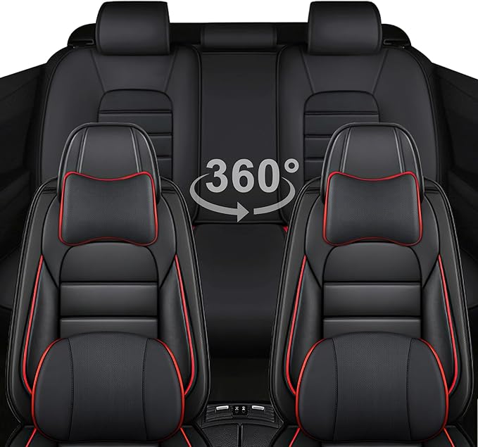 5 Car Seat Covers for Toyota RAV4 2000-2026 Breathable Leather,Waterproof Cars Seat Protectors with Comfort Headrest Pillows,Automotive Vehicle Cushion with Storage Pockets (Luxury,Redline)