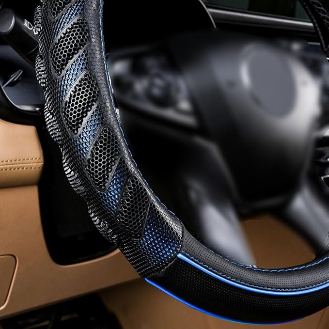 Flying Banner car Steering Wheel Cover Faux Leather Massage Universal fit 3D Honeycomb Hole Anti-Slip Sporty 15 Inches (Blue Black)