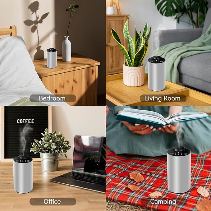 Waterless Essential Oil Diffuser Battery Operated Cordless Aromatherapy Diffuser with Timing & 3 Mist Levels car Diffuser，Black Aluminum Alloy (Silver)