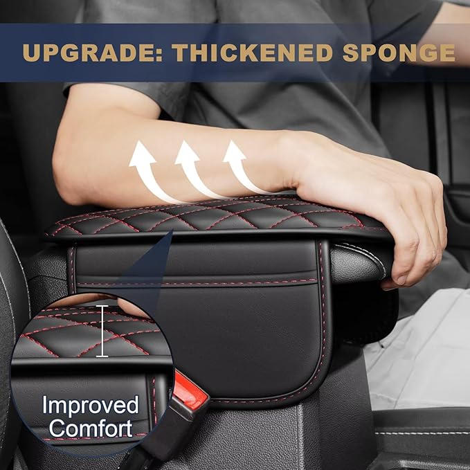 YORKNEIC Center Console Cover Fit for Ford Ranger: Middle Console Cover with 2 Storage Pocket,Faux Leather Waterproof Anti-Scratch Car Armrest Cover Protector(Black&Redline)