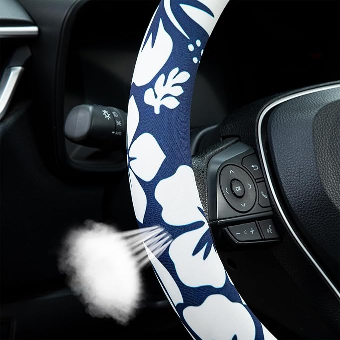 White Hibiscus Hawaii Steering Wheel Cover Auto Steering Wheel Protector, Anti-Slip, Breathable, Absorbing Sweat, Universal Floral Car Accessories 14.5–15 inch