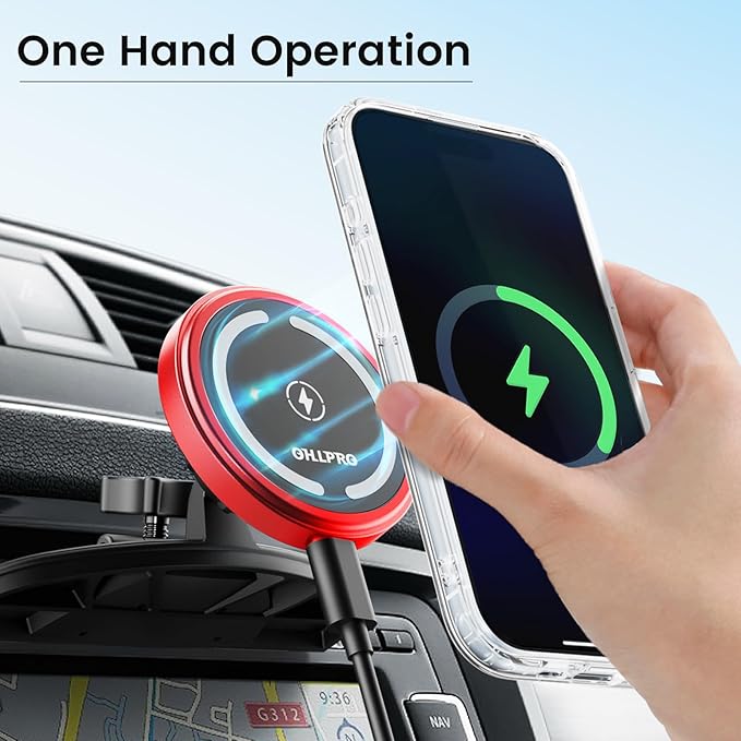 OHLPRO 15W Magsafe Car Mount Charger for iPhone 17, Fast Wireless Charging Magnetic CD Slot Holder with 3M Adhesive Base for Dashboard, Aluminum Shell, Compatible with iPhone 16/15/14 Pro Max, Red