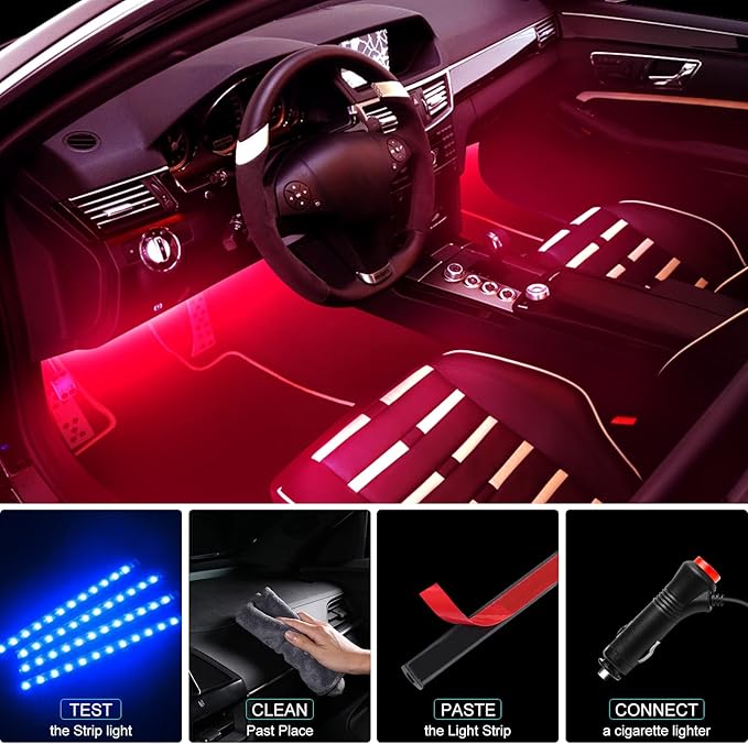 Car Interior LED Lights, APP Control with Car Charger, RGB Color Change with Music Sync & DIY Mode, 12V 2 Lines Design for Under Dash Running Board Truck