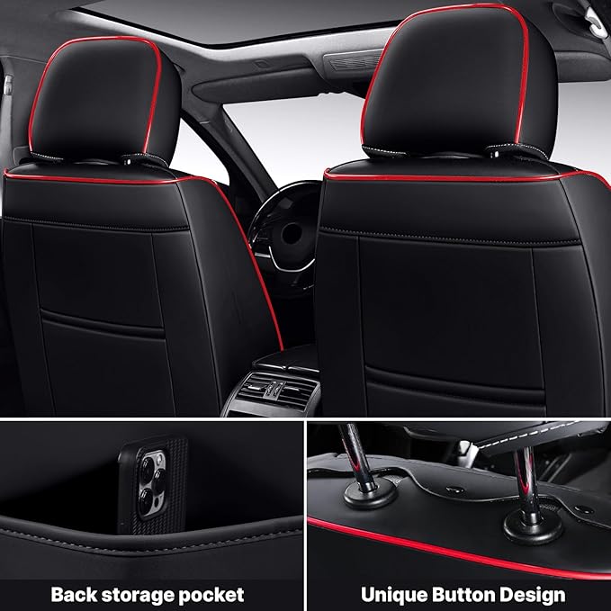 Seat Cover, Universal Leather Seat Covers for Cars, Front Auto Seat Cover, Wear-Resistant Car Seat Cushion, Waterproof Car Seat Protector Auto Vehicle Seat Cover(2 Seat,Black&Red)