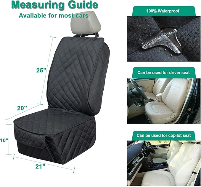 Waterproof Front Seat Cover Dog Car Seat Covers Nonslip and Full Protection with Side Flaps Fits Most Cars, Trucks, SUVs(Black, 1Pack)