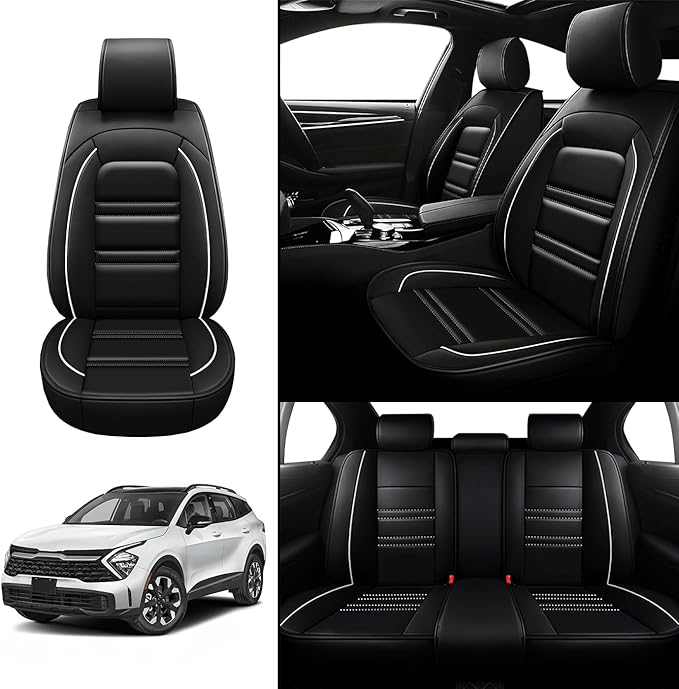 Seat Covers for kia sportage 2005-2025 | 5-Seats Leather Seat Covers, Easy to Install Automotive Seat Covers Full Set (Full Set, Black&White Line)