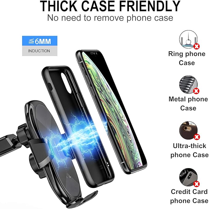 Wireless Car Charger Mount, 15W Qi Fast Charging Auto-Clamping Phone Holder, Vent/Mount Compatible with iPhone 13/12/11/X/8, Samsung S20/S10/Note20/Note10