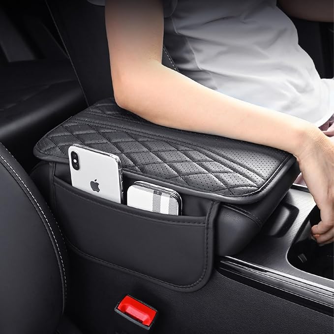 ESKONKE [Upgraded] Car Center Console Cover with 2 Storage Bags - Premium Nappa Leather Armrest Cover, Scratch & Wear Resistant, Waterproof Car Interior Accessories (Upgrade - Black)